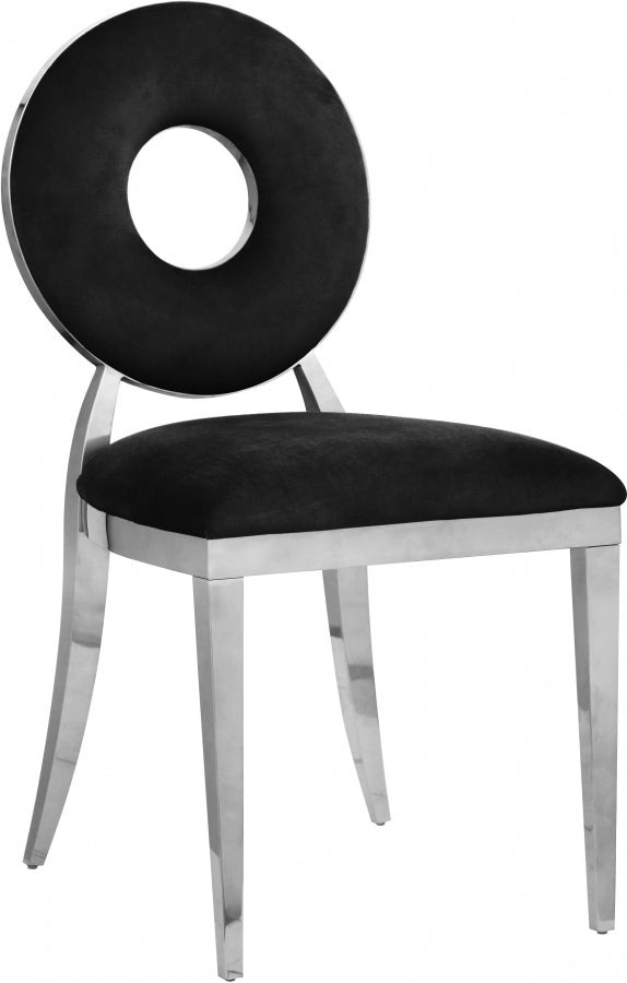 Black chair with circular backrest on a white background