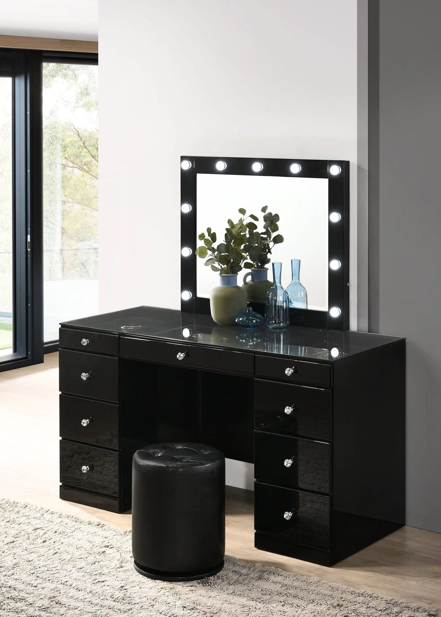 Avery - Vanity Desk With Glass Top, LED Mirror & Stool - Black - Ferro Furniture