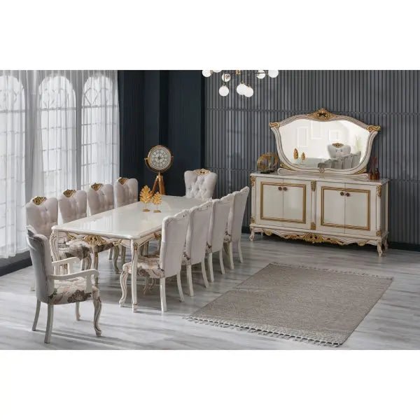 Buse Diningroom (Consol With Mirror & Dining Table & 2 Arm Chair & 4 Chair) Cream - Ferro Furniture