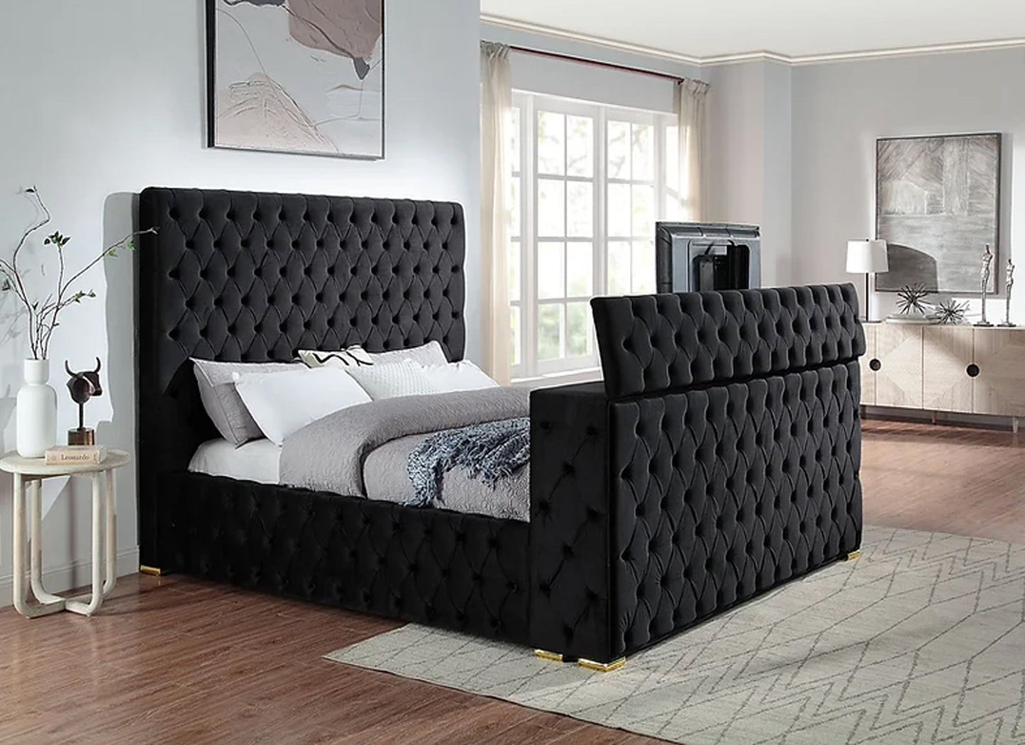 Cannes Queen Black Platform TV Bed - Ferro Furniture