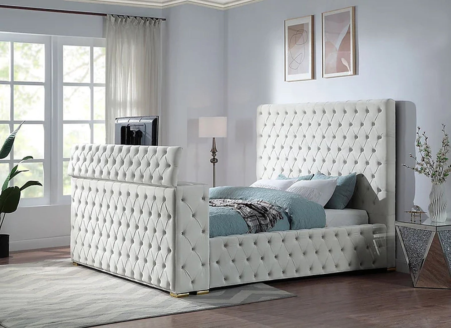 Cannes Queen Cream Platform TV Bed - Ferro Furniture