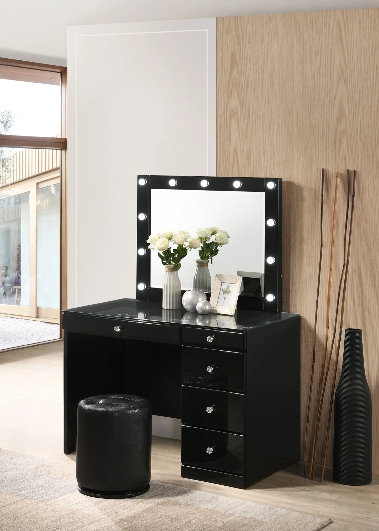 Morgan - Vanity Desk With Glass Top, Led Mirror & Stool - Ferro Furniture