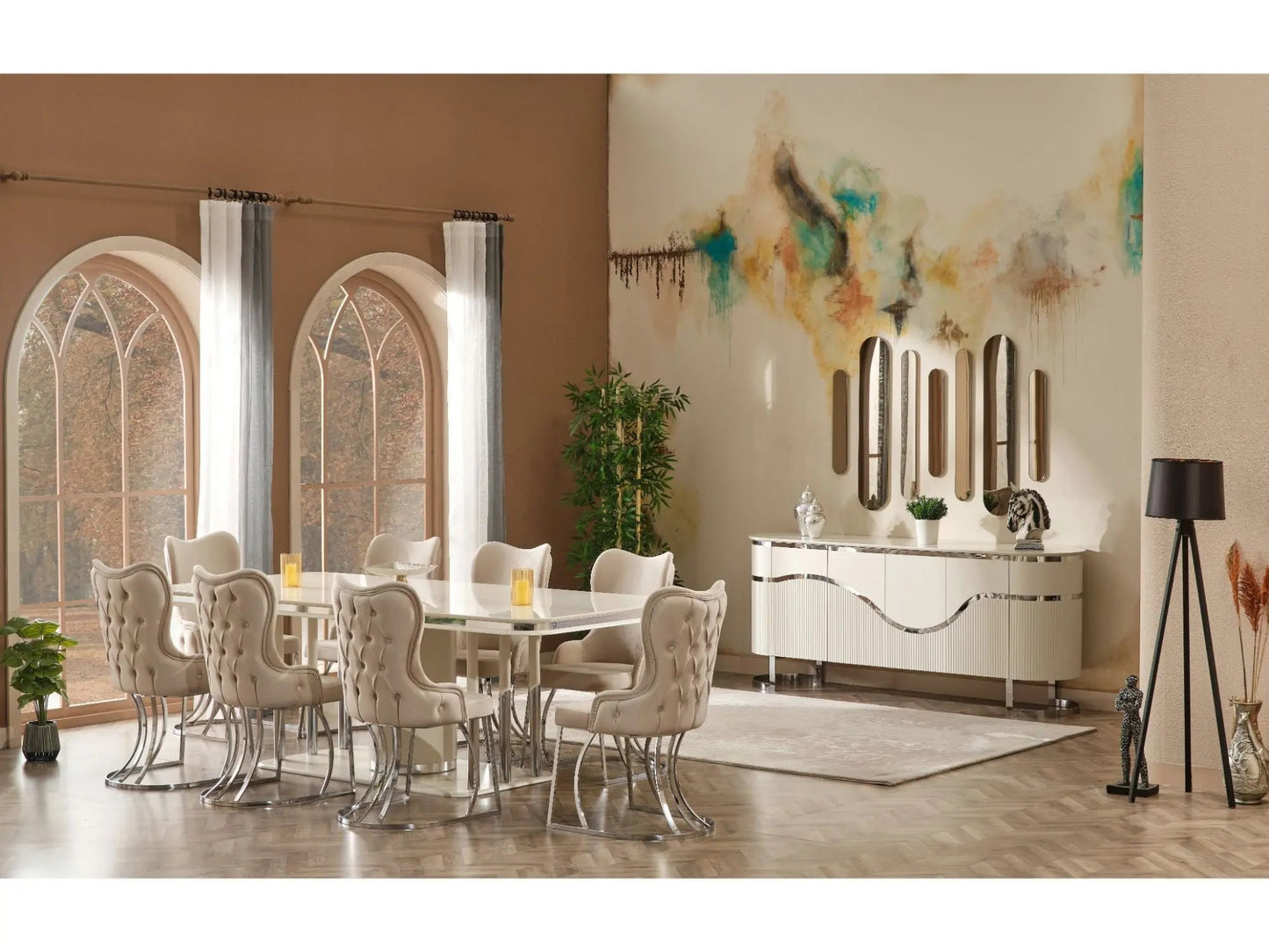 Prag Diningroom (Consol With Mirror & 6 Dining Chair & Dining Table) - Ferro Furniture