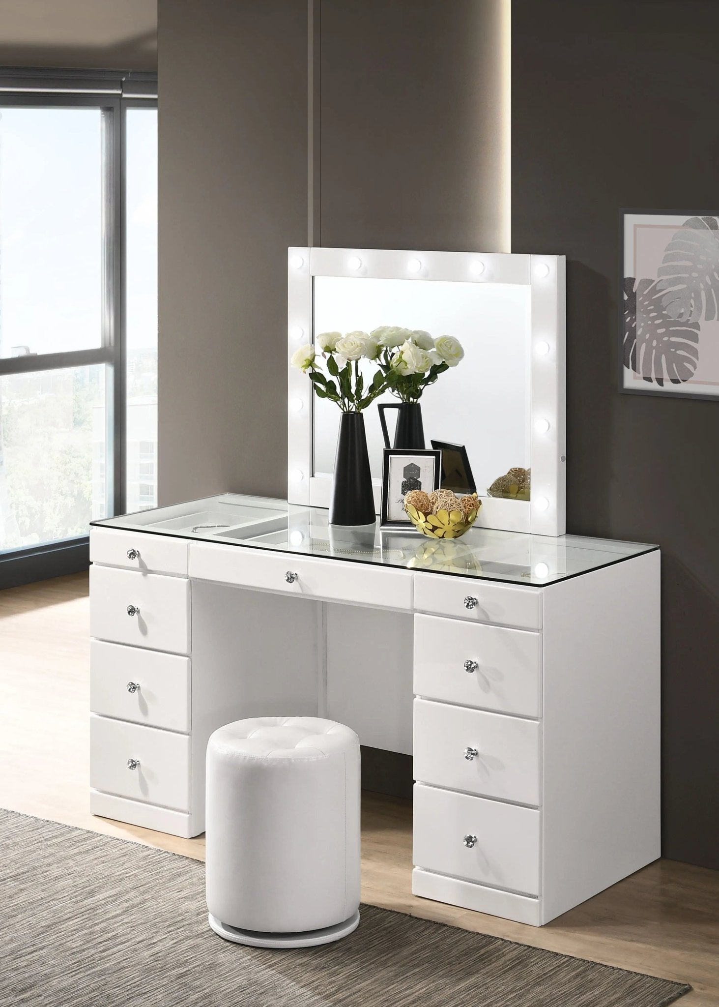 Avery - Vanity Desk With Glass Top And LED Mirror - White - Ferro Furniture