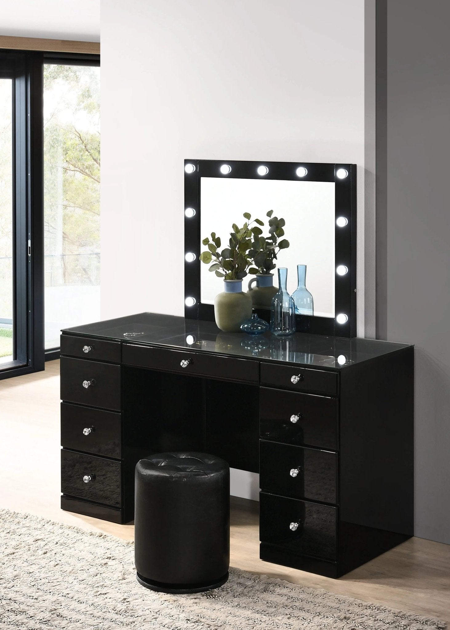 Avery - Vanity Desk With Glass Top, LED Mirror & Stool - Black - Ferro Furniture